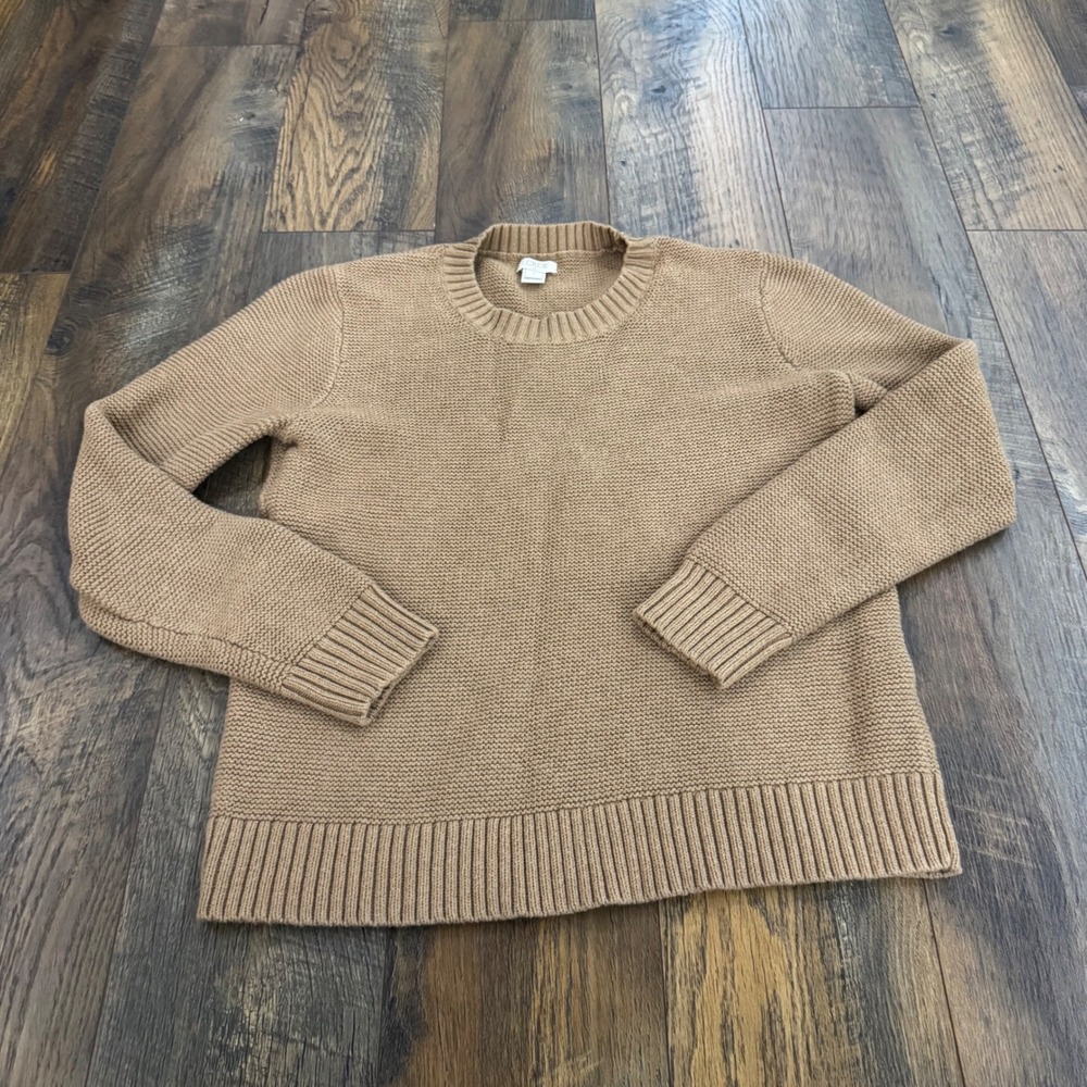 J.Crew Womens Camel Tan Garter Stitch Chunky Crewneck Sweater Size S Ribbed Knit